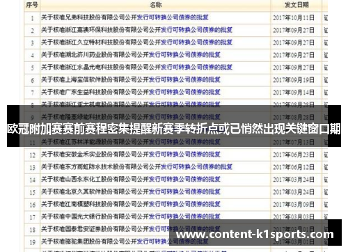 欧冠附加赛赛前赛程密集提醒新赛季转折点或已悄然出现关键窗口期